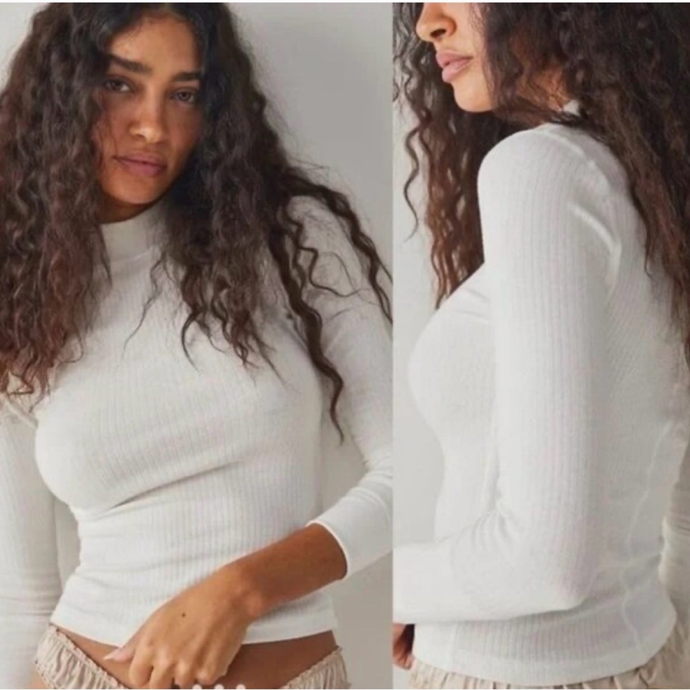 Free People‎ Intimately Rickie Ribbed Mockneck Longsleeve Shirt Top in White M